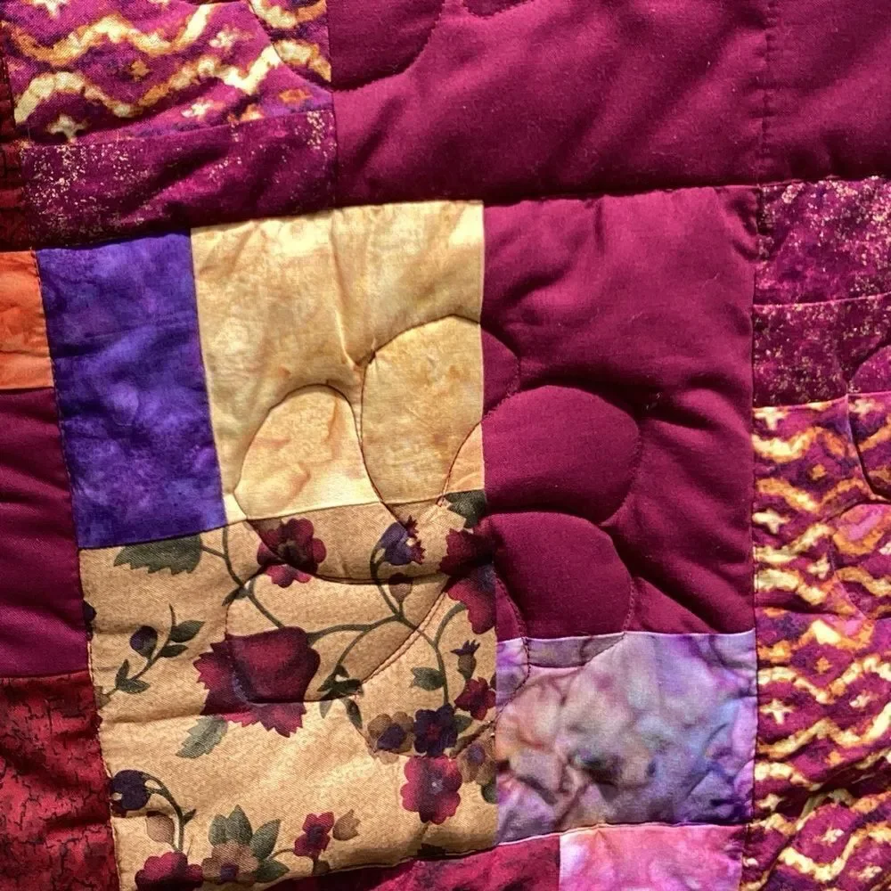 NWT. Hand Crafted Maroon/Wine Mixed Prints Lap Quilt